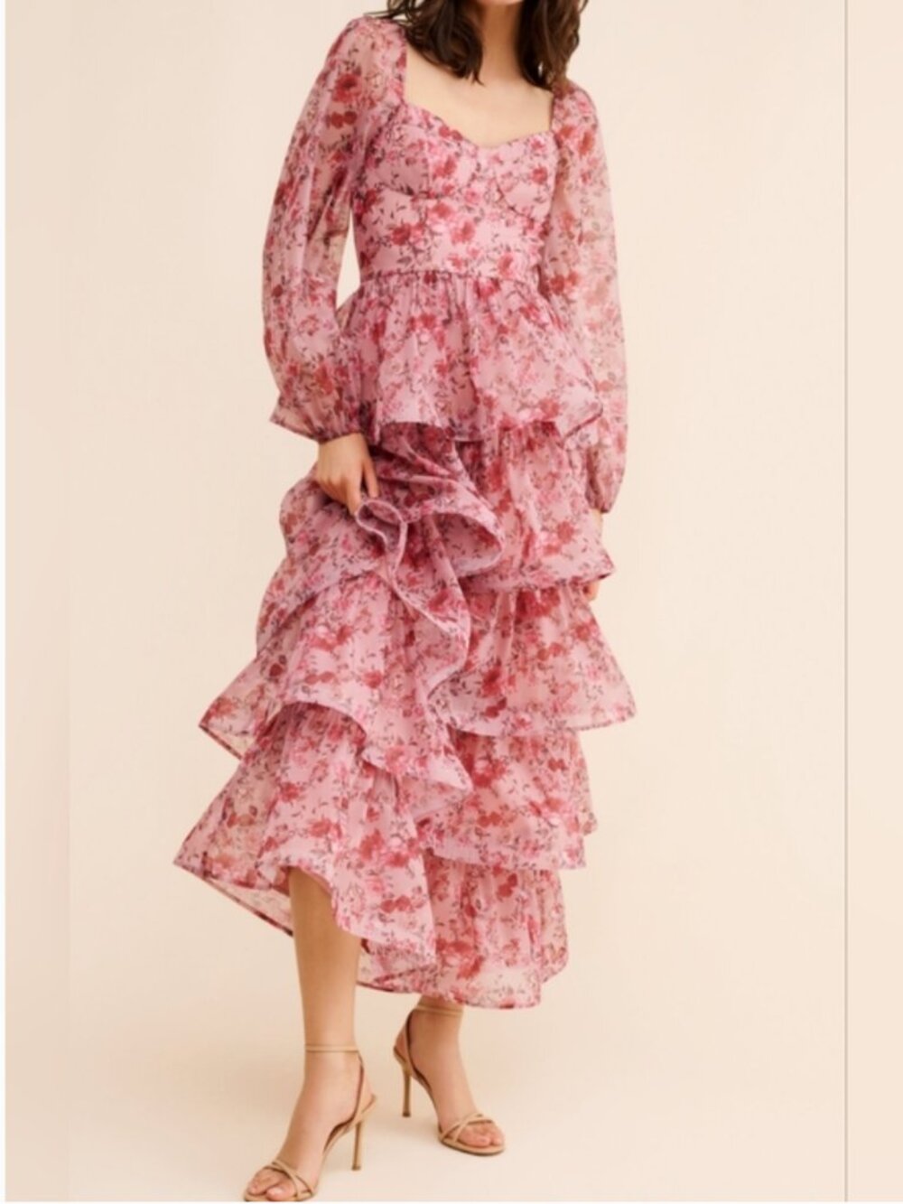 Anthropologie Pink Floral Ruffled Maxi Dress